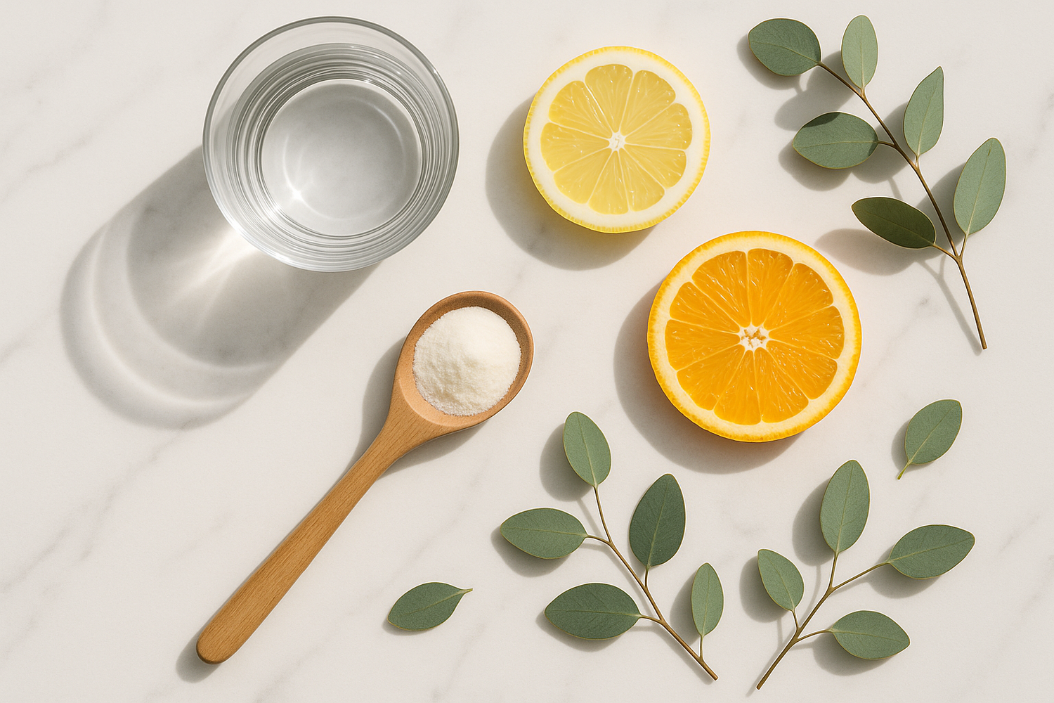 Minimalist flat lay of wellness essentials on a white marble background, featuring a glass of water, wooden spoon with white collagen powder, sliced citrus fruit (like lemon or orange), soft natural lighting, and eucalyptus leaves — modern and calming aesthetic, top-down view.